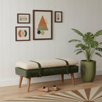 35" Brown Boucle and Solid Wood Upholstered Storage Bench With Cabinet