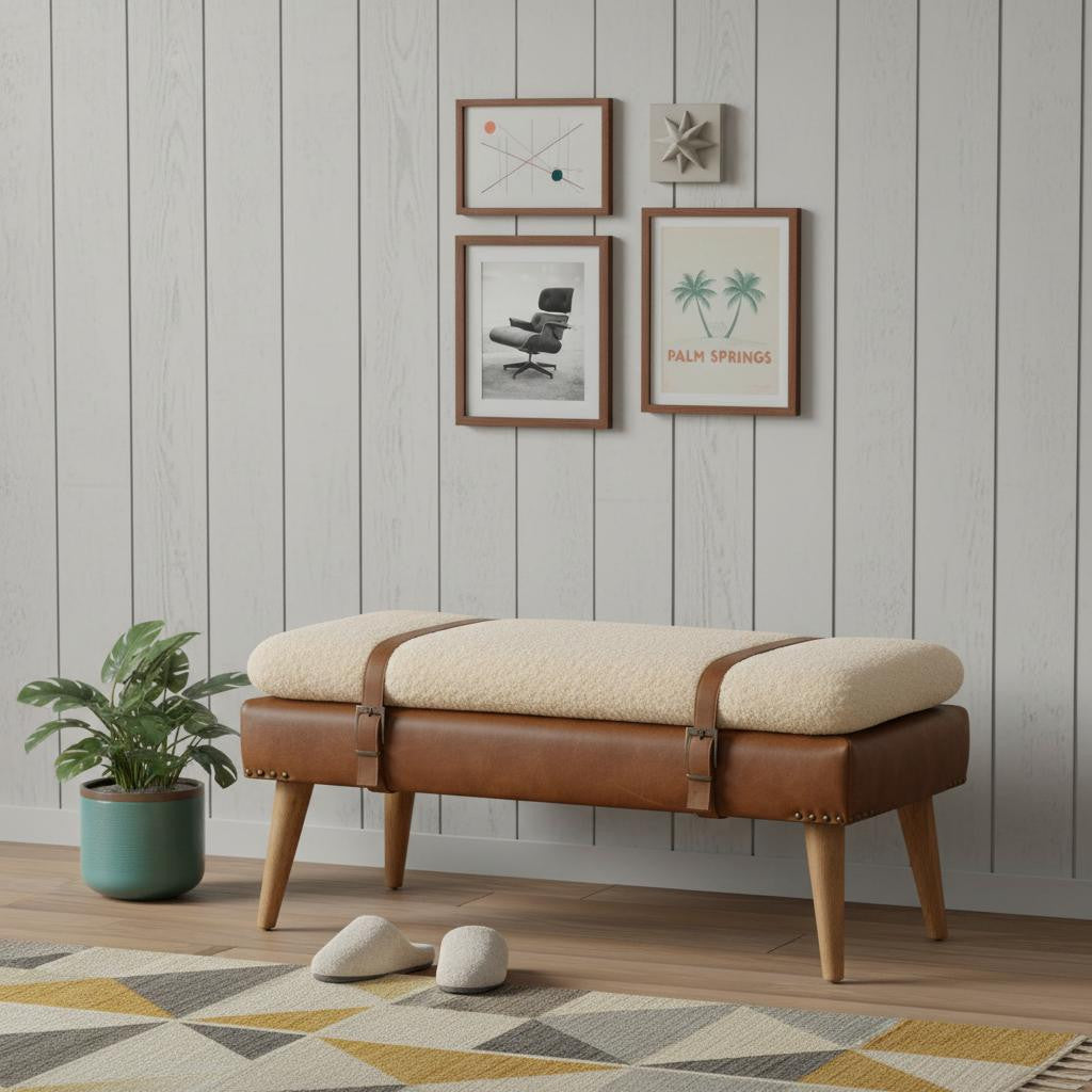 35" Brown Genuine Leather and Solid Wood Upholstered Storage Bench With Cabinet