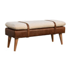 35" Brown Genuine Leather and Solid Wood Upholstered Storage Bench With Cabinet