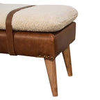 35" Brown Genuine Leather and Solid Wood Upholstered Storage Bench With Cabinet