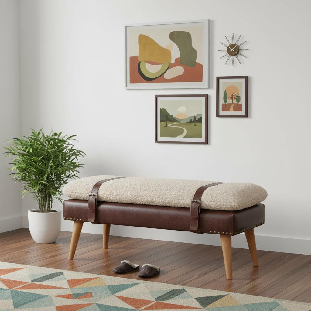 35" Brown Genuine Leather and Solid Wood Upholstered Storage Bench With Cabinet