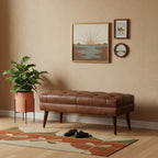 35" Brown Genuine Leather and Solid Wood Upholstered Storage Bench With Cabinet