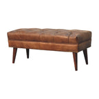 35" Brown Genuine Leather and Solid Wood Upholstered Storage Bench With Cabinet