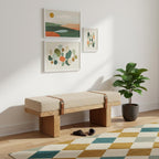 47" Brown Boucle and Solid Wood Upholstered Storage Bench With Cabinet