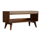 35" Brown Linen and Solid Wood Upholstered Storage Bench With Cabinet