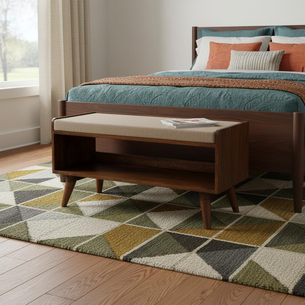 35" Brown Linen and Solid Wood Upholstered Storage Bench With Cabinet