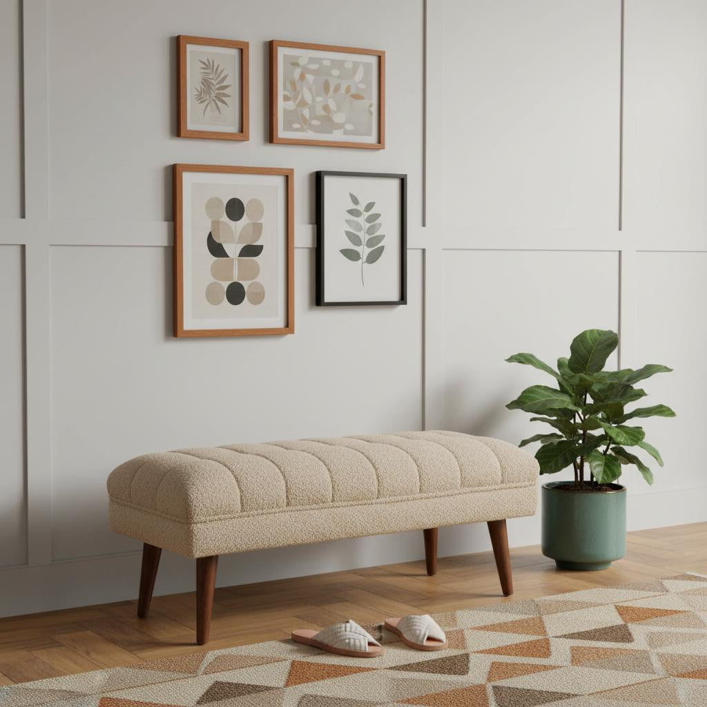 35" Brown Boucle and Solid Wood Upholstered Storage Bench With Cabinet