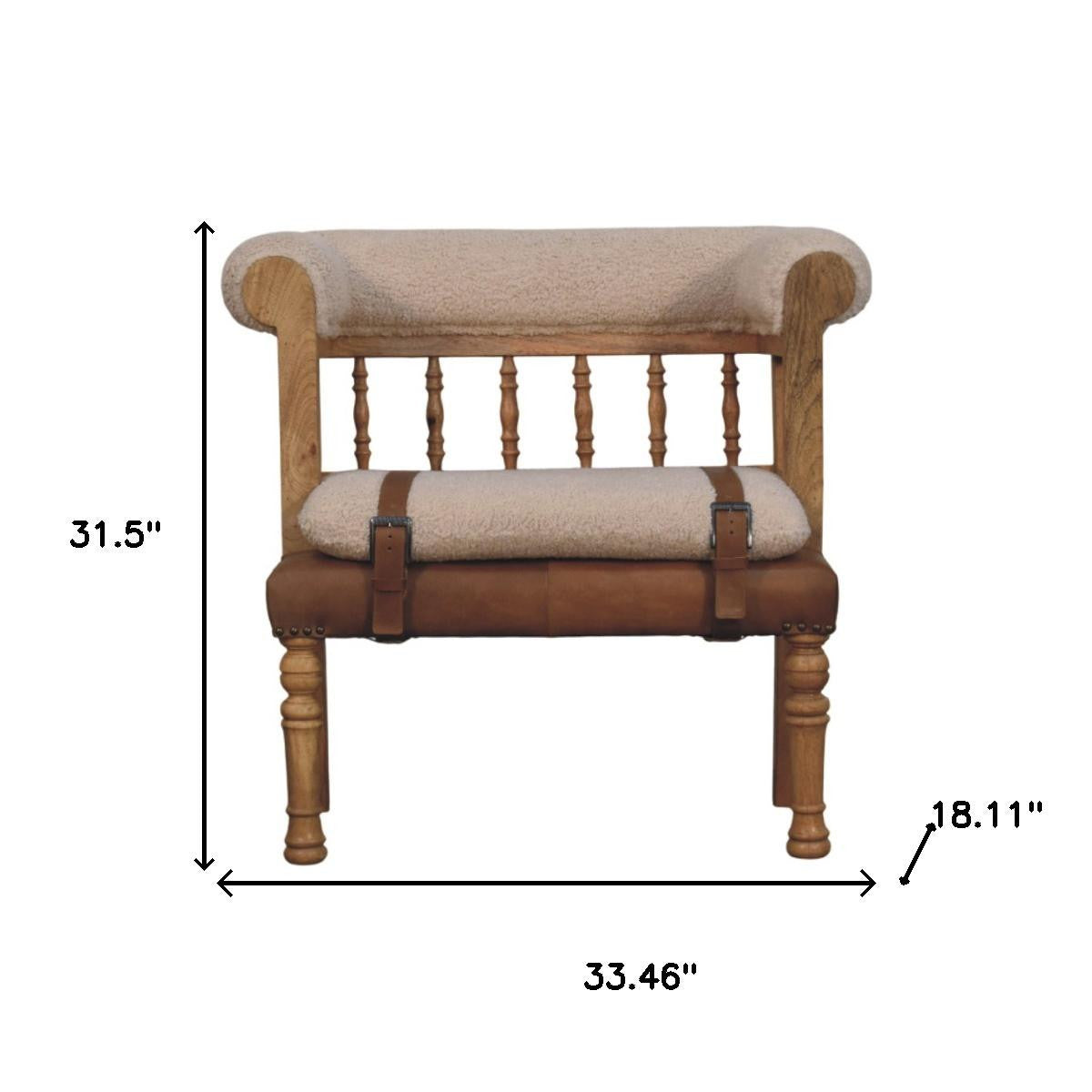 33" Brown Boucle and Solid Wood Upholstered Storage Bench With Cabinet