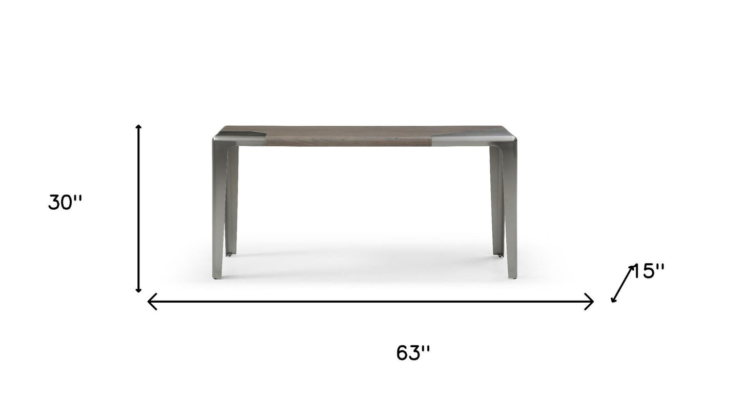 63" Gray and Silver Solid Wood and Metal Double Pedestal Console Table