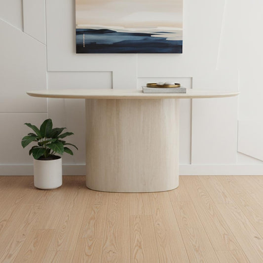 71" Beige Genuine Marble and Stone Oval Pedestal Console Table