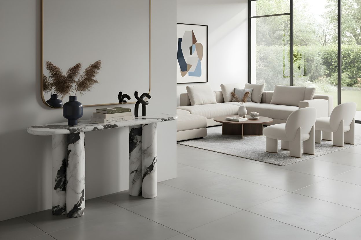 60" White Genuine Marble and Stone Double Pedestal Console Table