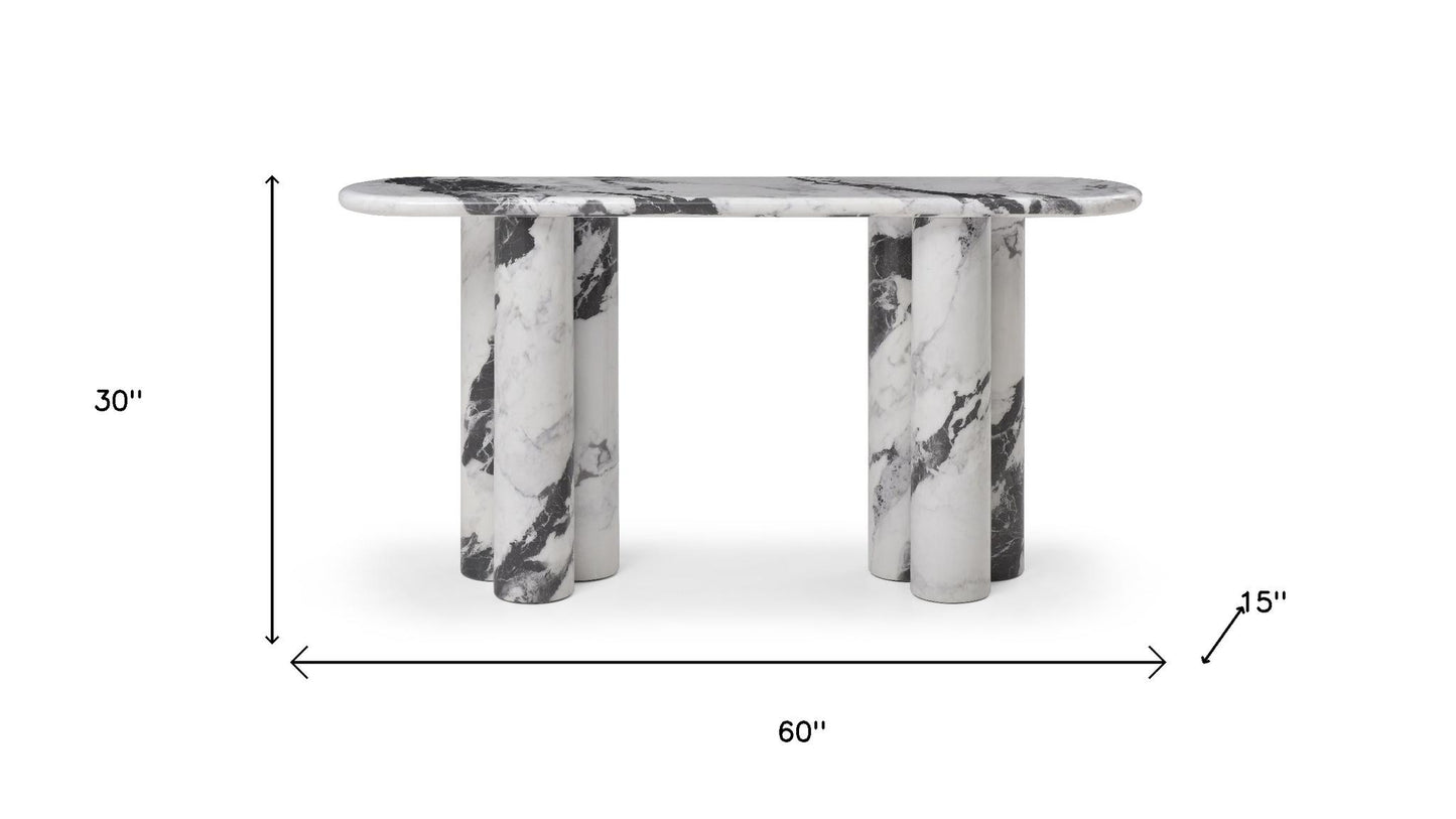 60" White Genuine Marble and Stone Double Pedestal Console Table