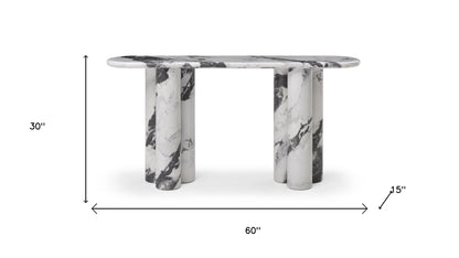60" White Genuine Marble and Stone Double Pedestal Console Table
