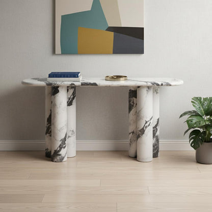60" White Genuine Marble and Stone Double Pedestal Console Table