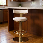 26" White and Gold Linen and Steel Counter Height Swivel Bar Chair