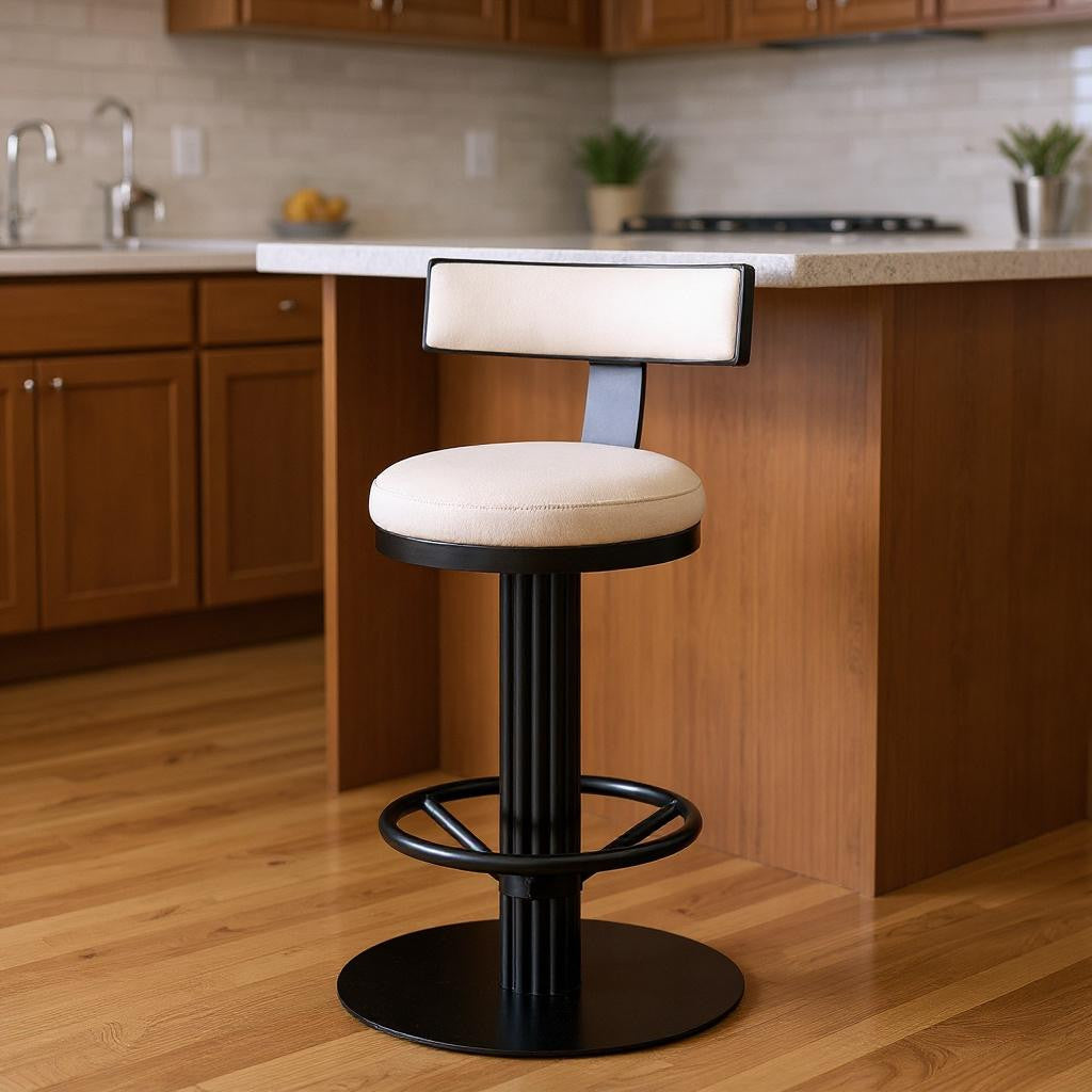 26" White and Black Linen and Steel Counter Height Swivel Bar Chair