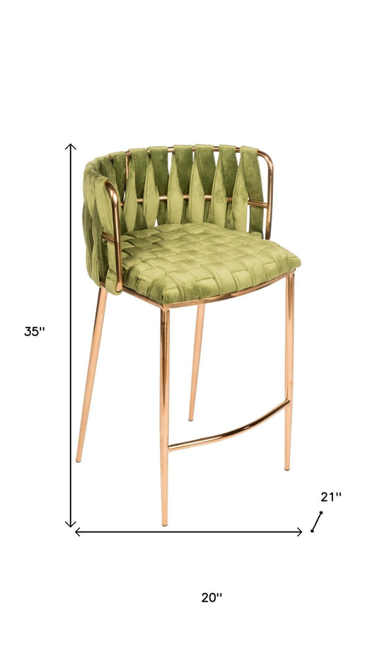 27" Green and Gold Velvet and Steel Low Back Counter Height Bar Chair