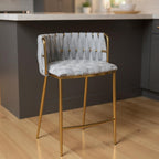 27" Gray and Gold Velvet and Steel Low Back Counter Height Bar Chair