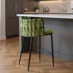 27" Green and Black Velvet and Metal Low Back Counter Height Bar Chair