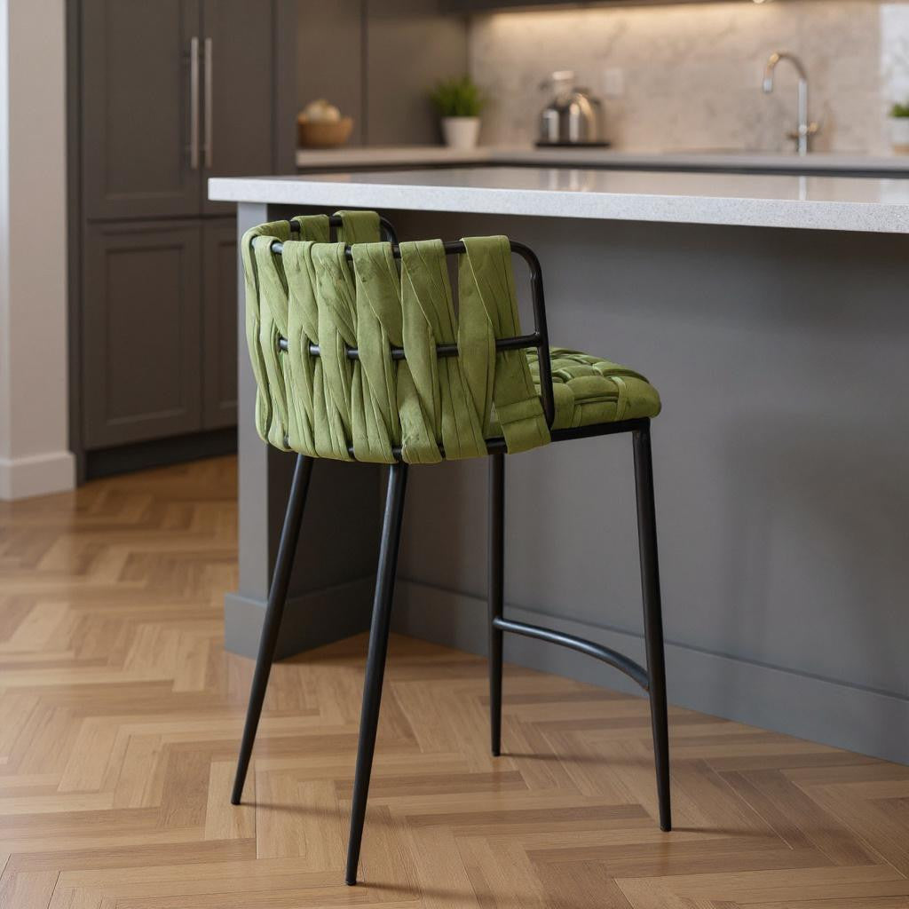 27" Green and Black Velvet and Metal Low Back Counter Height Bar Chair