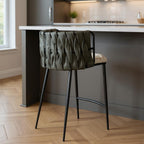 27" Gray White and Black Faux Leather and Metal Low Back Counter Height Bar Chair