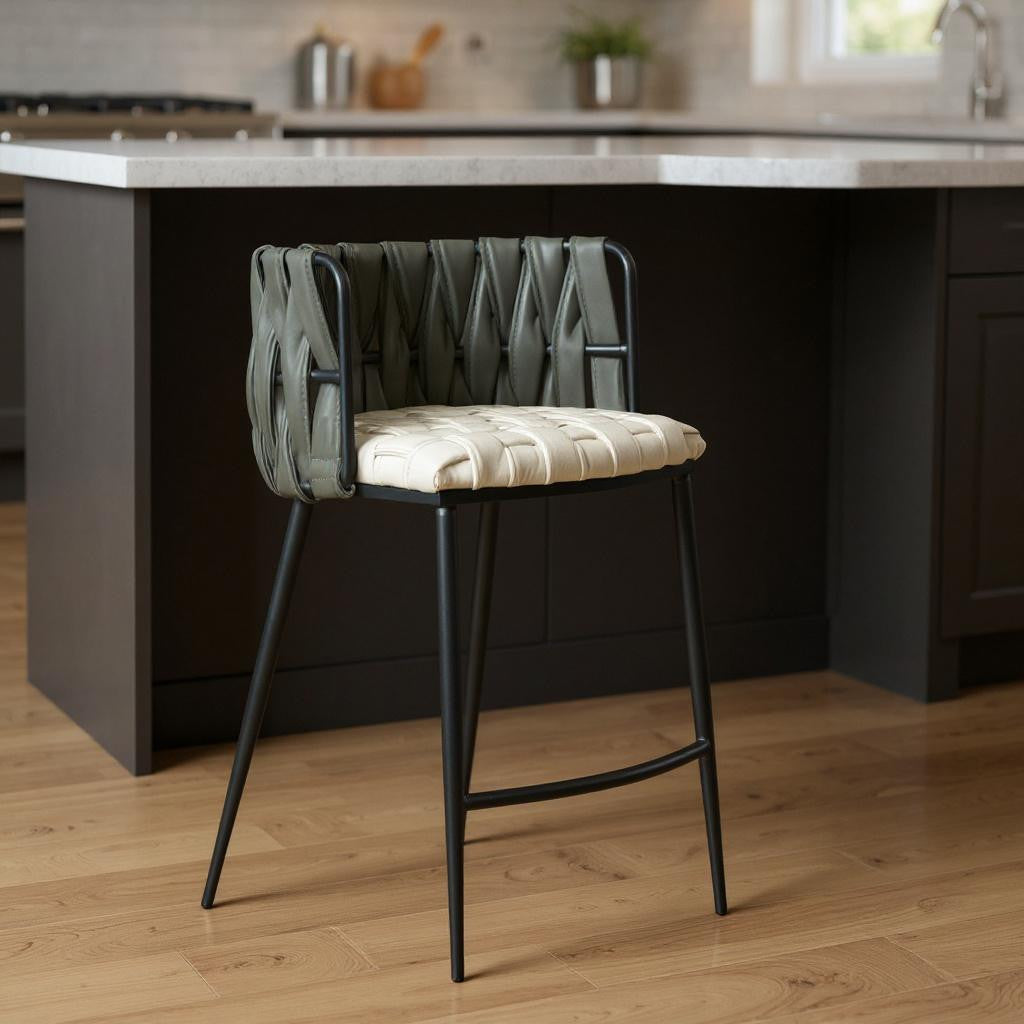 27" Gray White and Black Faux Leather and Metal Low Back Counter Height Bar Chair