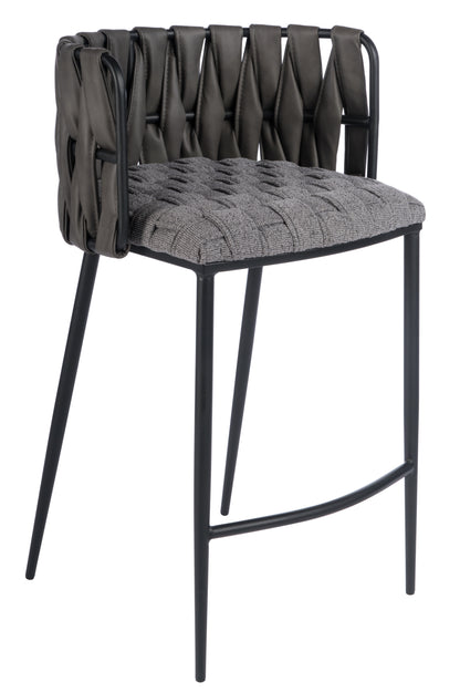 27" Gray and Black Fabric Faux Leather and Metal Low Back Counter Height Bar Chair
