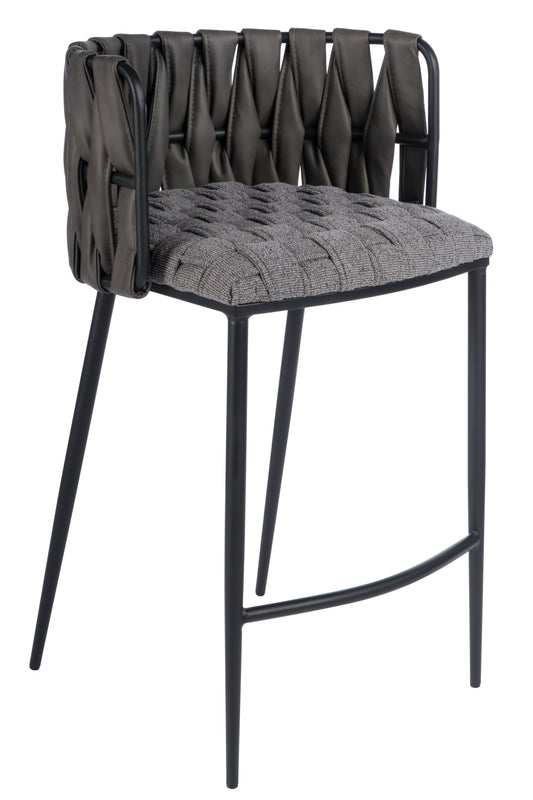 27" Gray and Black Fabric Faux Leather and Metal Low Back Counter Height Bar Chair