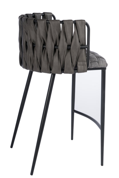 27" Gray and Black Fabric Faux Leather and Metal Low Back Counter Height Bar Chair