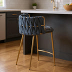 27" Blue and Gold Faux Leather Linen and Steel Low Back Counter Height Bar Chair