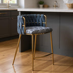 27" Blue and Gold Faux Leather Linen and Steel Low Back Counter Height Bar Chair