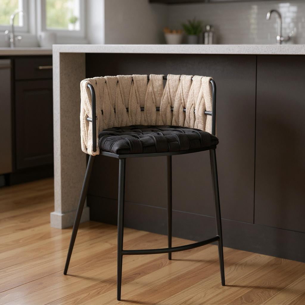 27" Black and White Velvet Boucle and Metal Low Back Counter Height Bar Chair