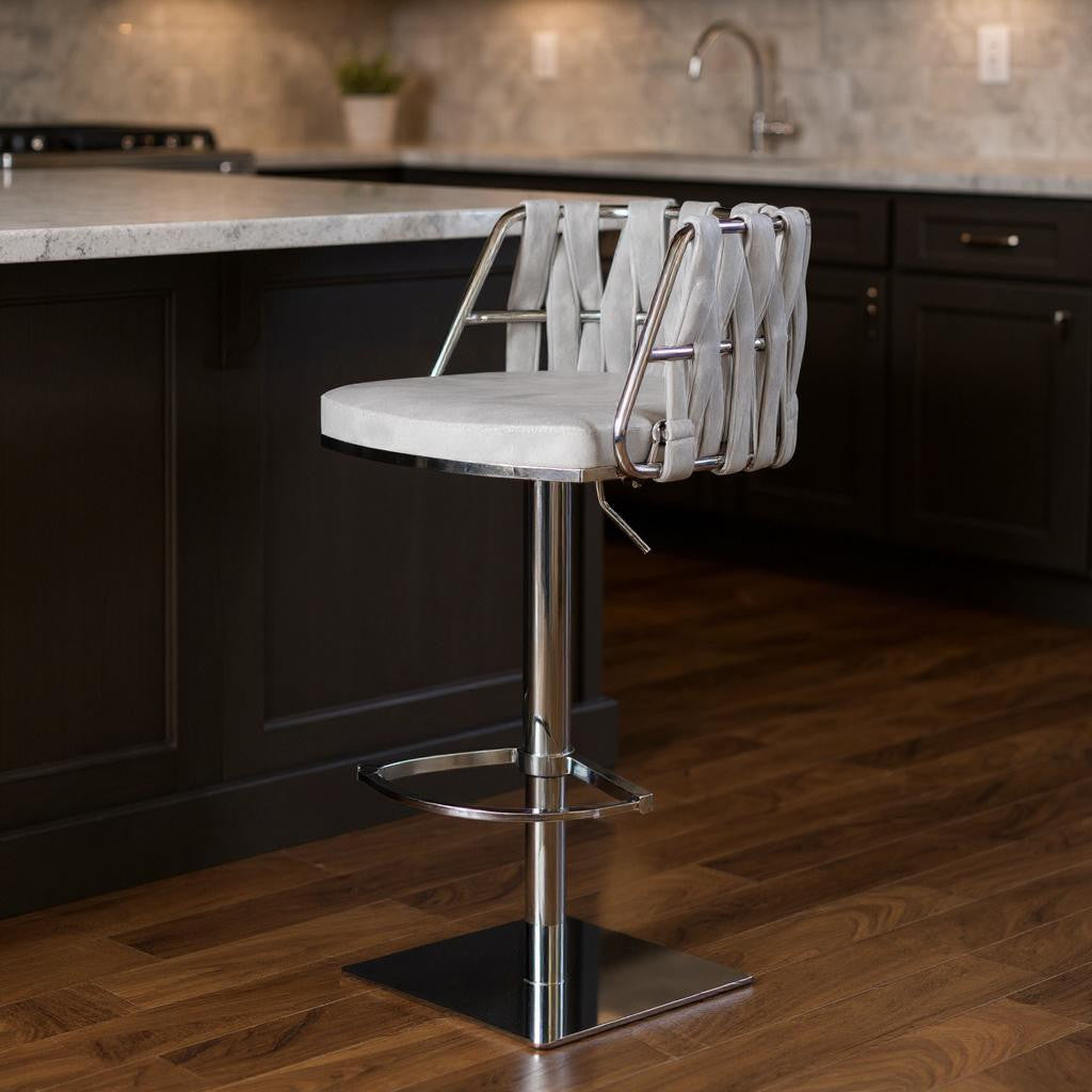 Gray and Silver Velvet and Steel Low Back Adjustable Height Swivel Bar Chair