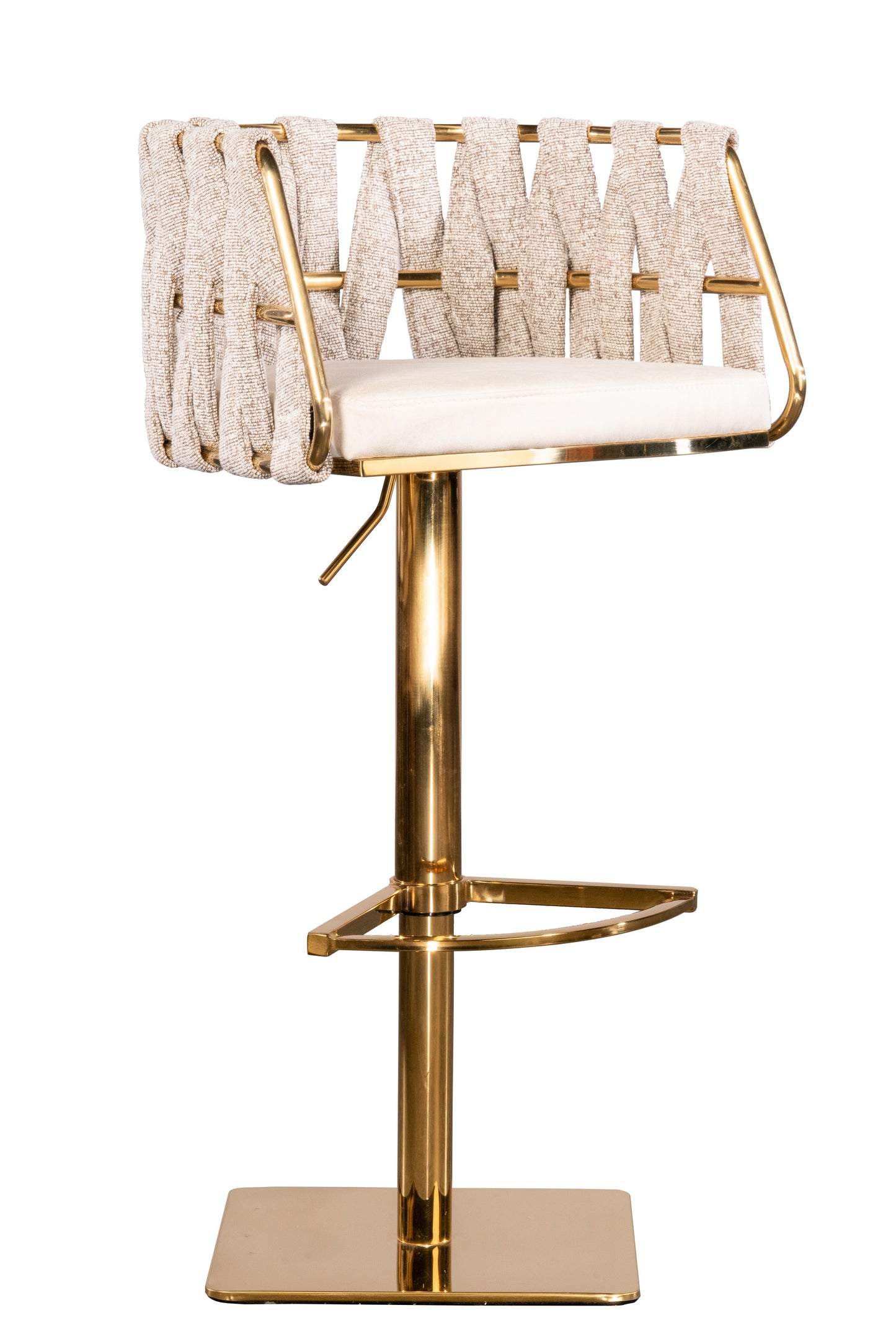 Off White and Gold Faux Leather Linen and Steel Low Back Adjustable Height Swivel Bar Chair