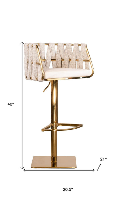 Off White and Gold Faux Leather Linen and Steel Low Back Adjustable Height Swivel Bar Chair