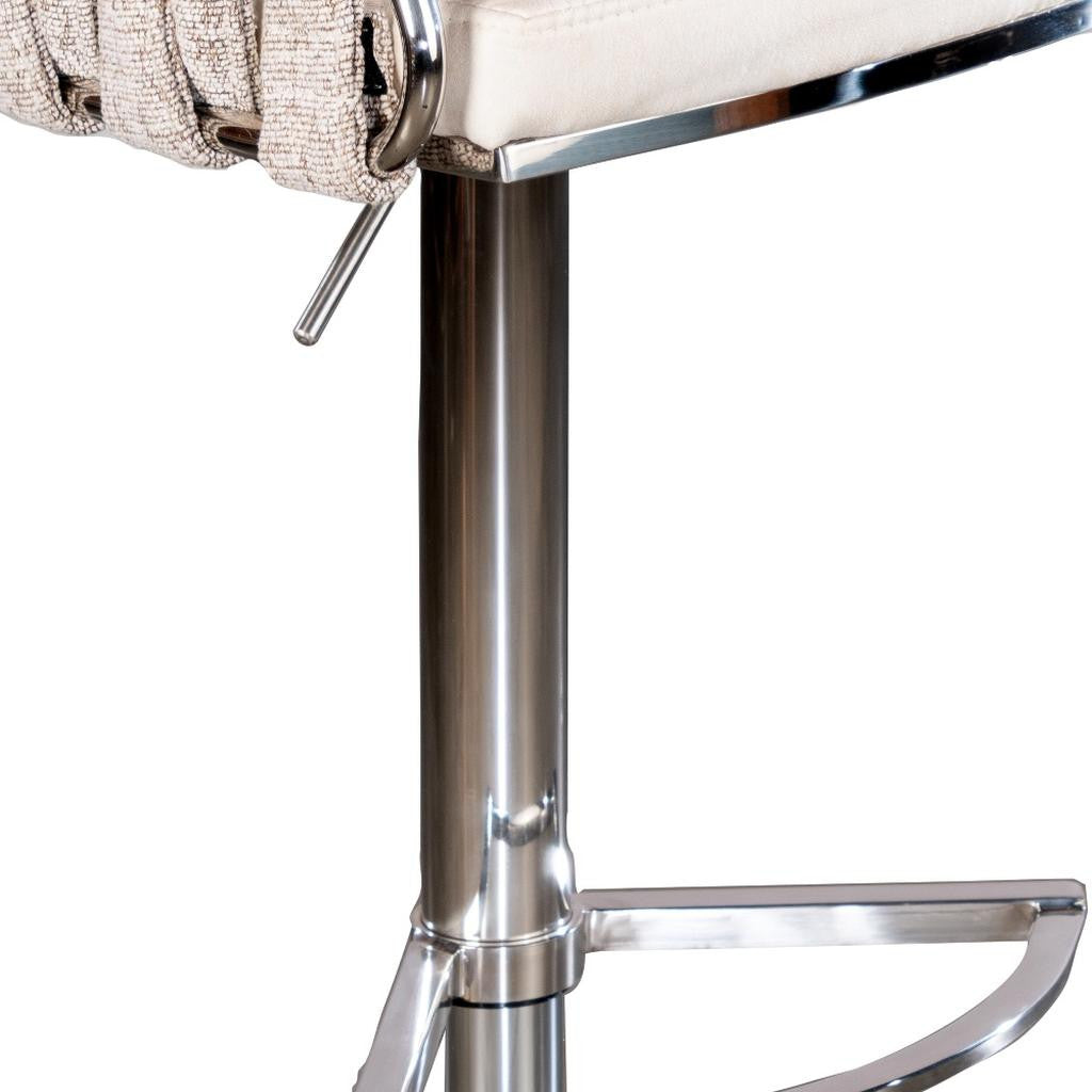 Off White and Silver Faux Leather Linen and Steel Low Back Adjustable Height Swivel Bar Chair