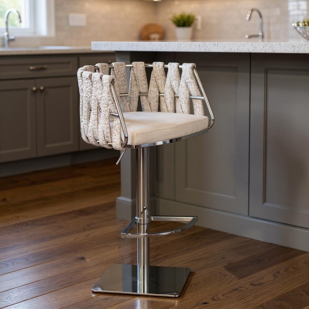 Off White and Silver Faux Leather Linen and Steel Low Back Adjustable Height Swivel Bar Chair