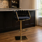 Black and Gold Velvet and Steel Low Back Adjustable Height Swivel Bar Chair