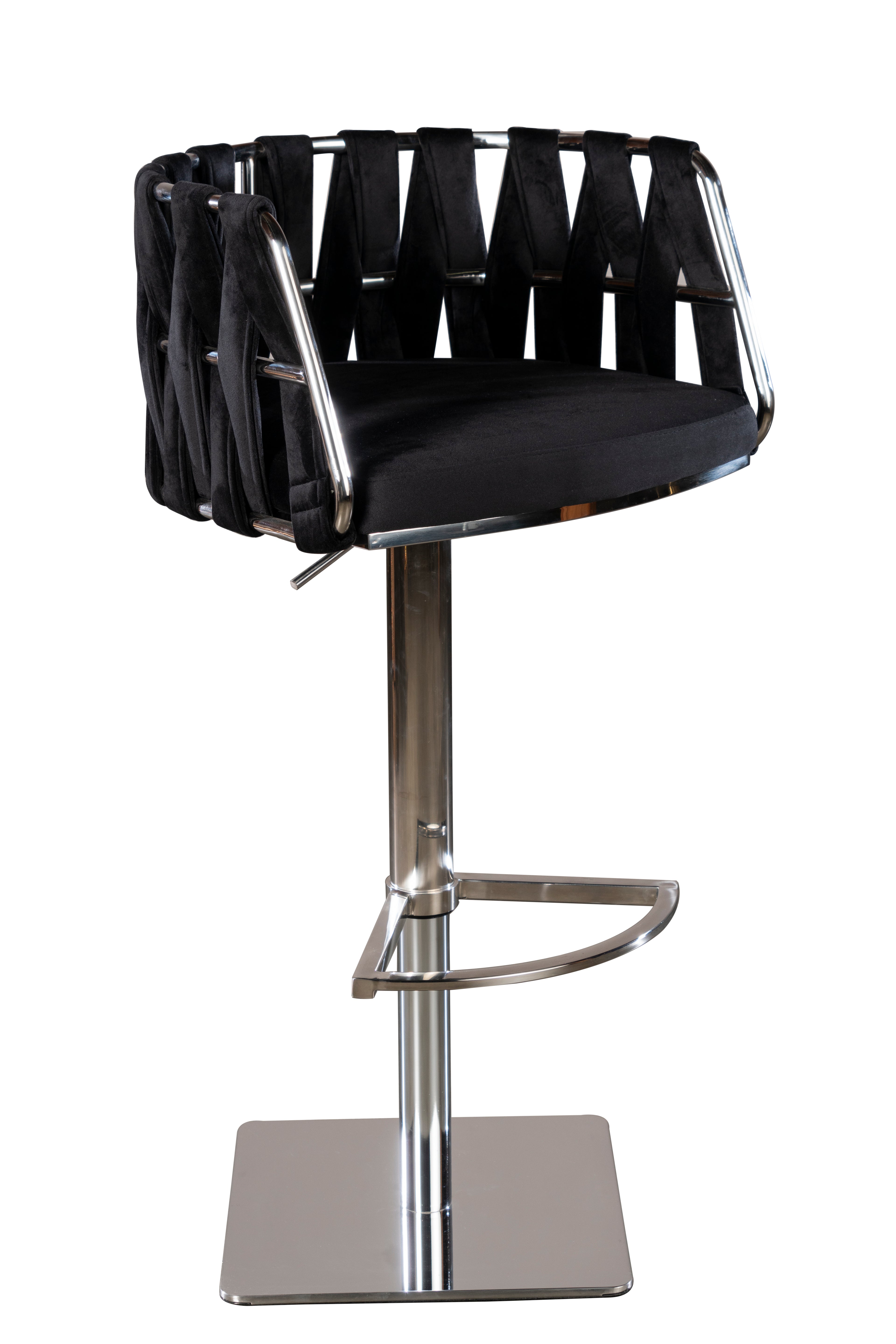 Black and Silver Velvet and Steel Low Back Adjustable Height Swivel Bar Chair