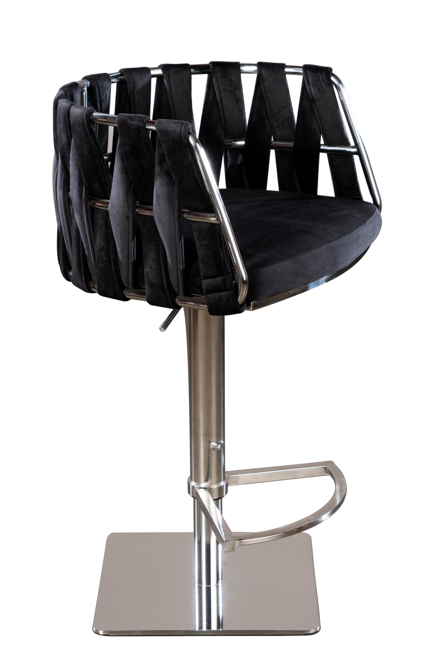 Black and Silver Velvet and Steel Low Back Adjustable Height Swivel Bar Chair