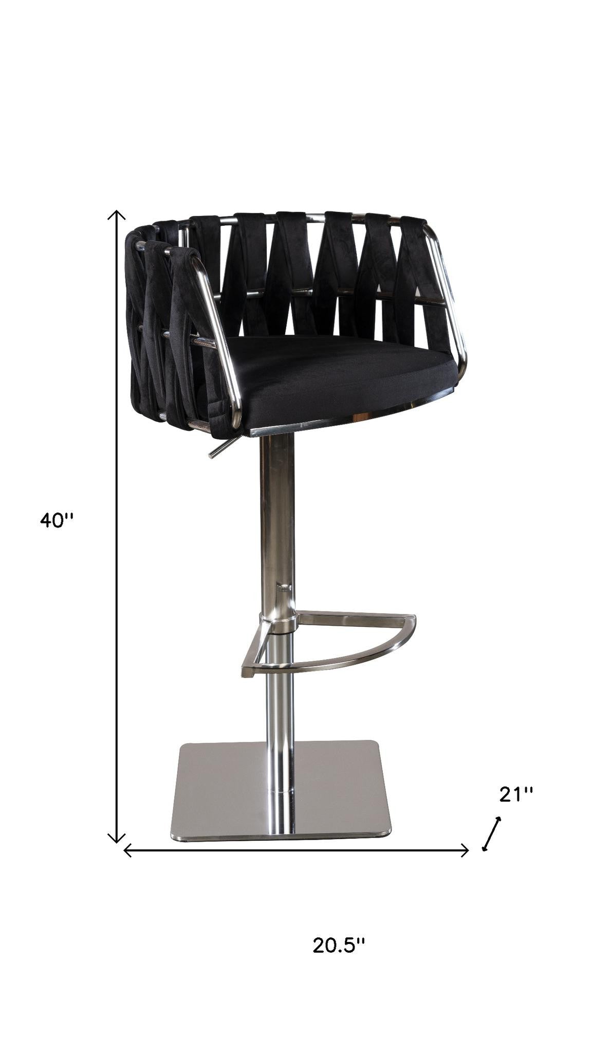 Black and Silver Velvet and Steel Low Back Adjustable Height Swivel Bar Chair