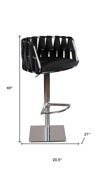 Black and Silver Velvet and Steel Low Back Adjustable Height Swivel Bar Chair