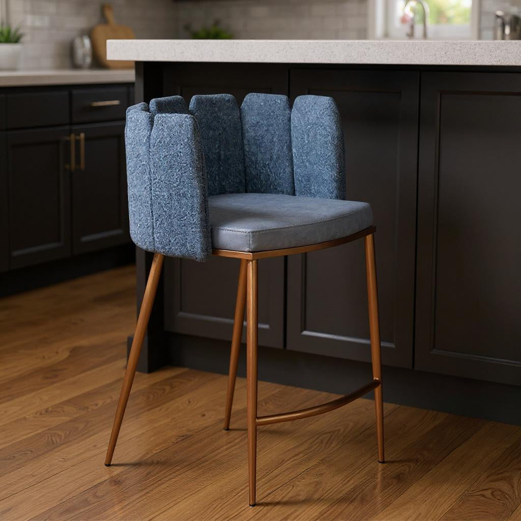 26" Blue and Gold Faux Leather Boucle and Steel Low Back Counter Height Bar Chair