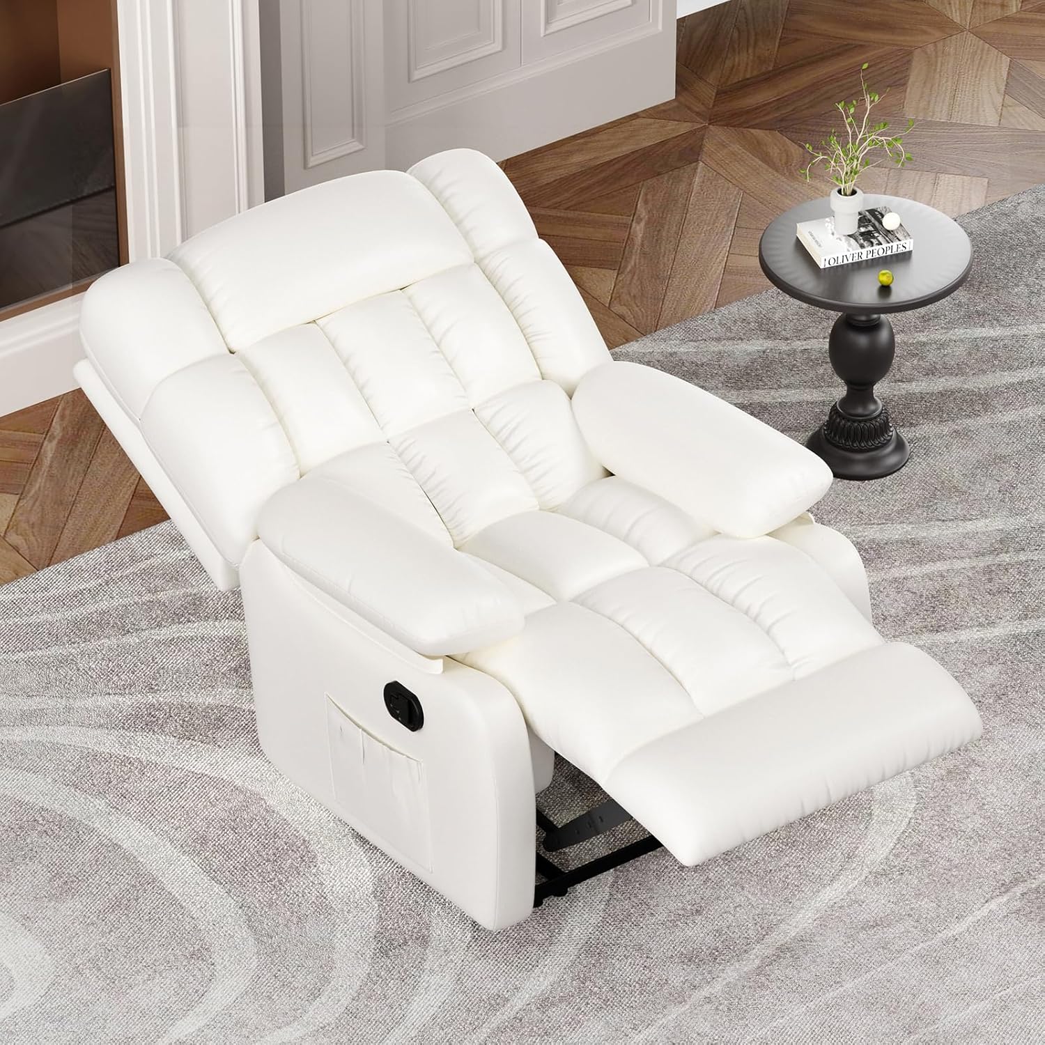 39" White Faux Leather Manual Recliner