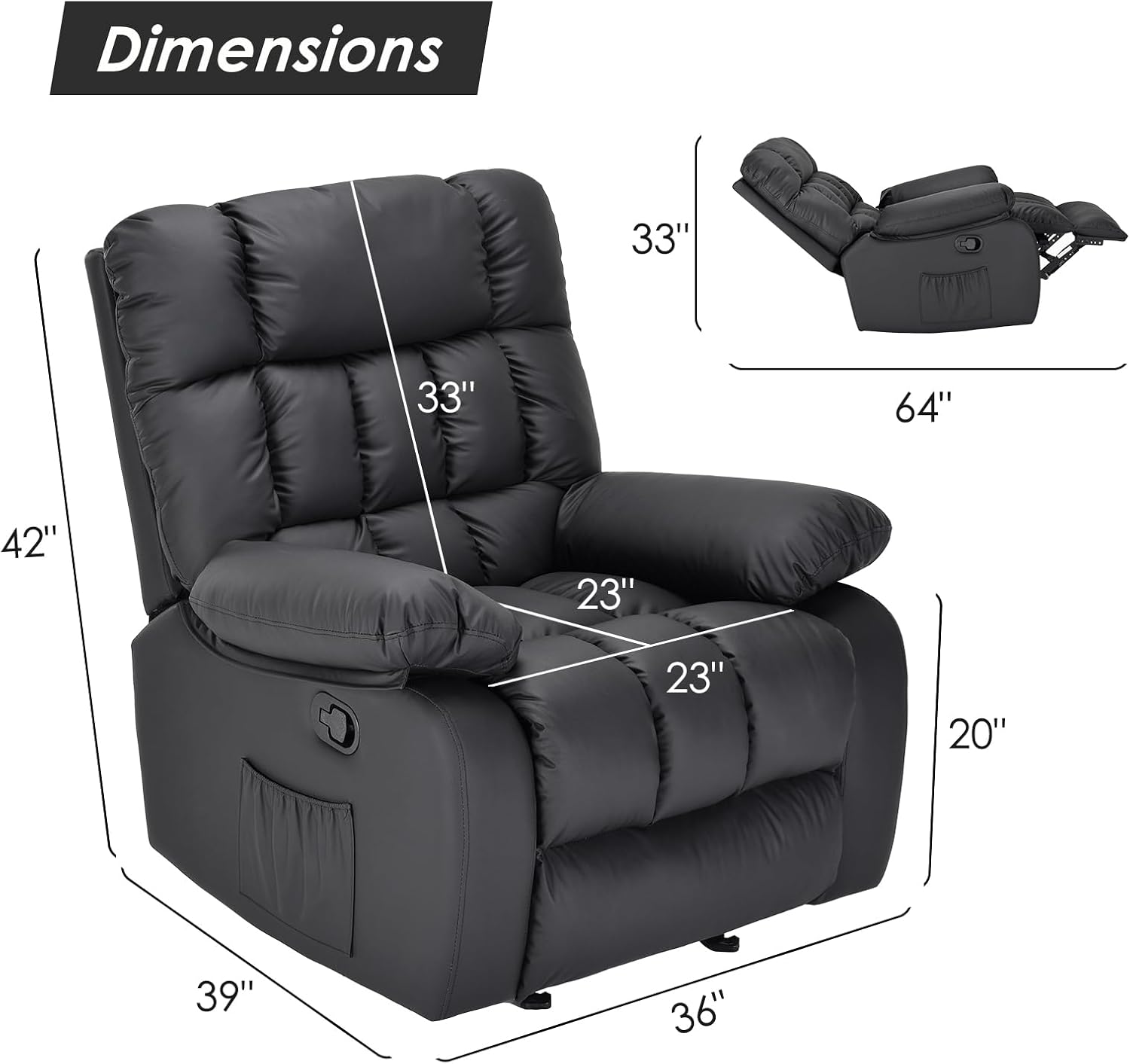 39" Black Faux Leather Manual Recliner