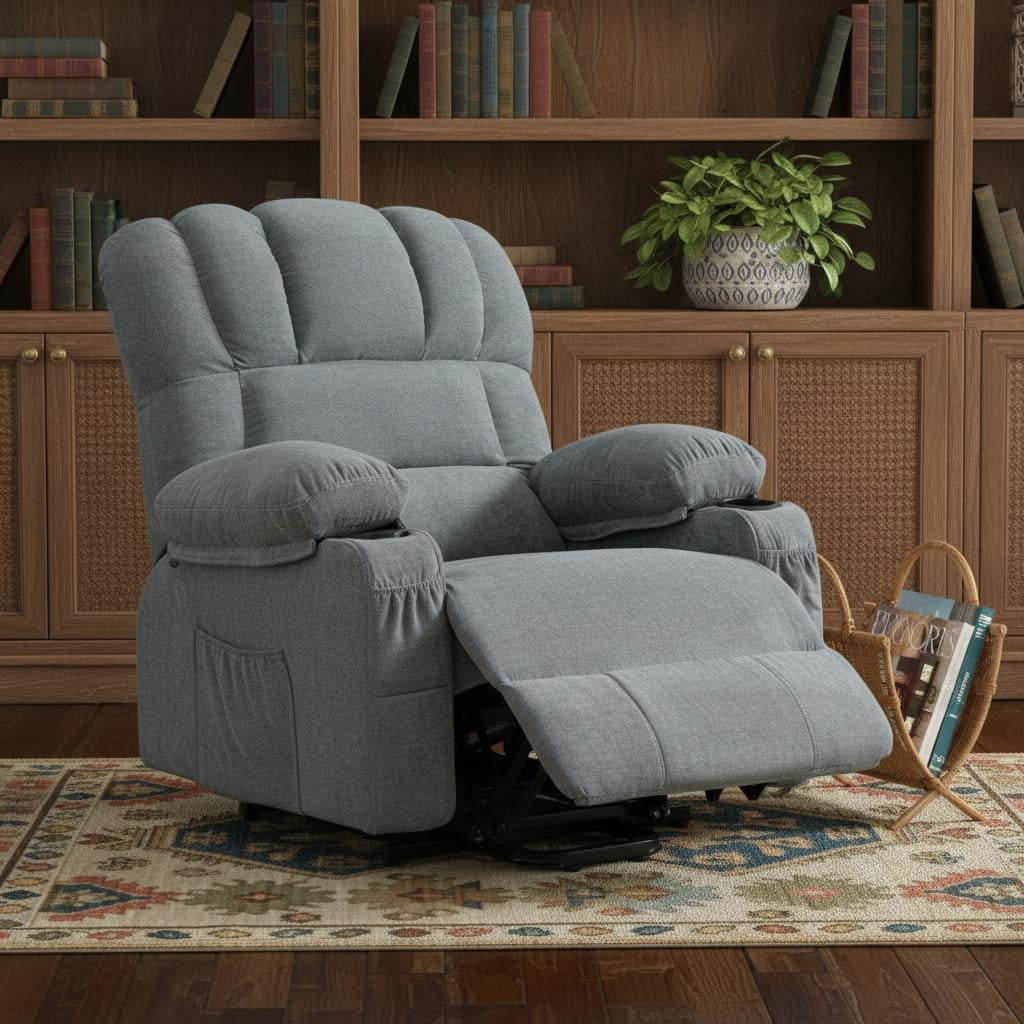 39" Blue Faux Leather Leather Heated Massage Lift Assist Recliner With USB