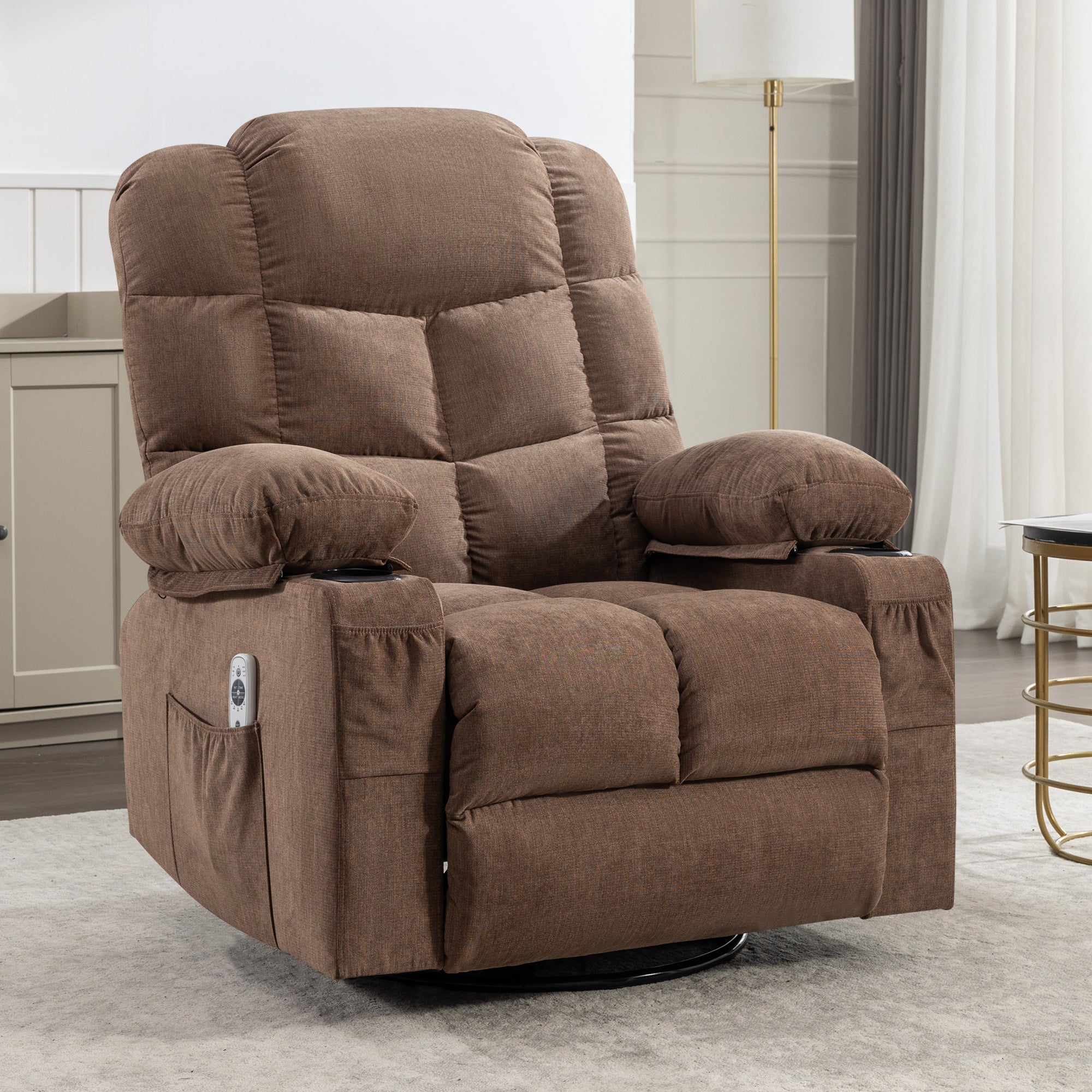 37" Brown Faux Leather Heated Massage Lift Assist Recliner With USB