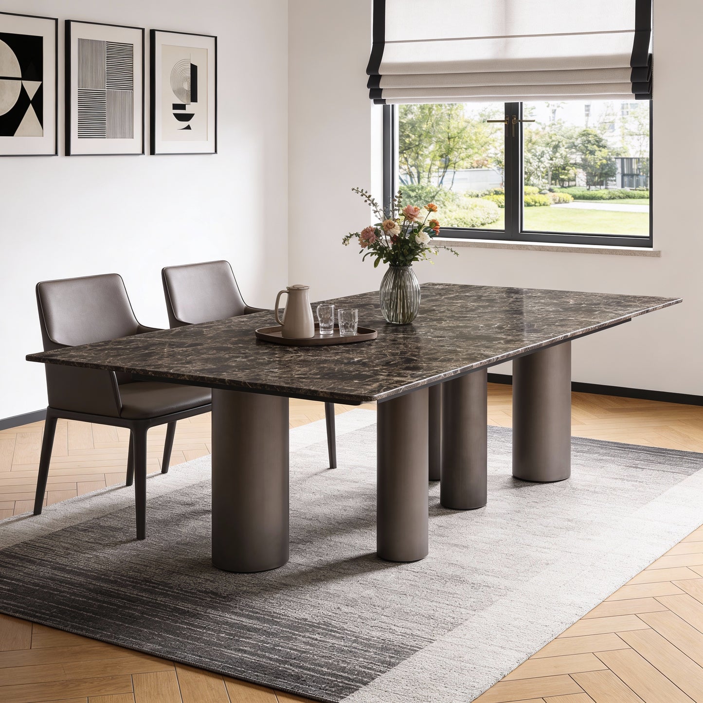 108" Brown Marble and Stainless Steel Dining Table