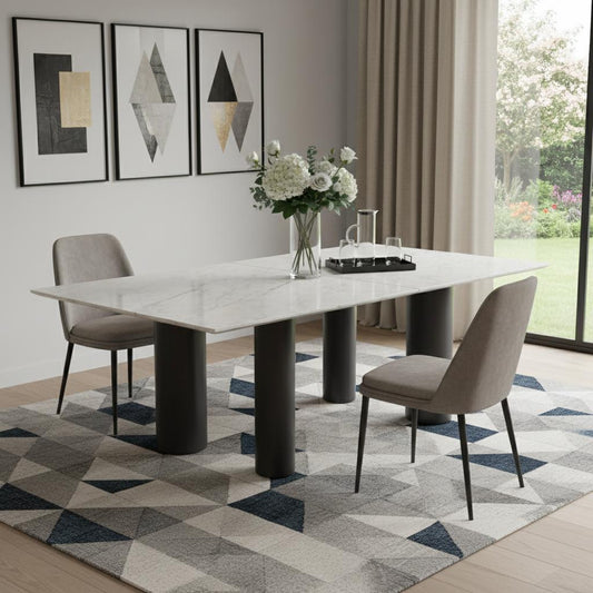 108" White and Black Marble and Stainless Steel Dining Table