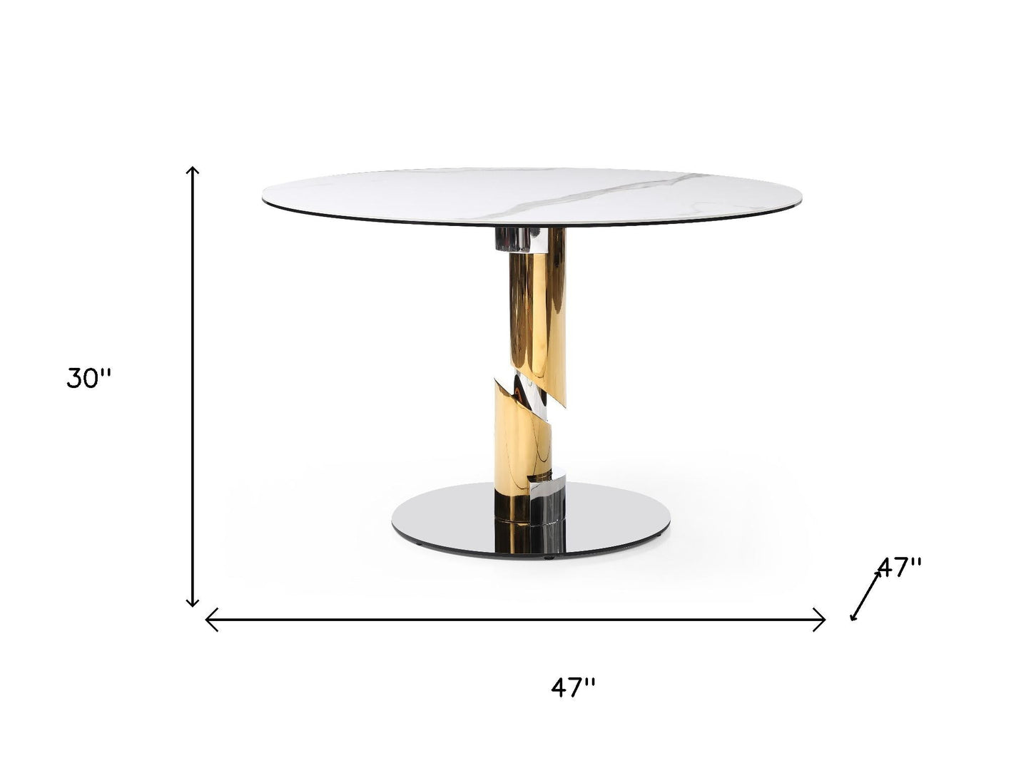 47" White Gold and Silver Ceramic and Stainless Steel Pedestal Base Round Top Dining Table